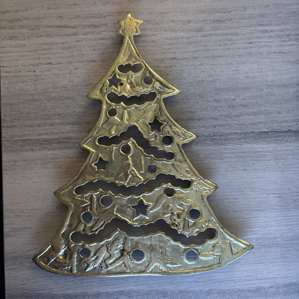 Vintage Solid Brass Christmas Tree Trivet 8 Inch Holiday Decor Gold Tone